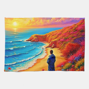 Zonsondergang Strand Eenzaamheid Sereniteit Design Theedoek