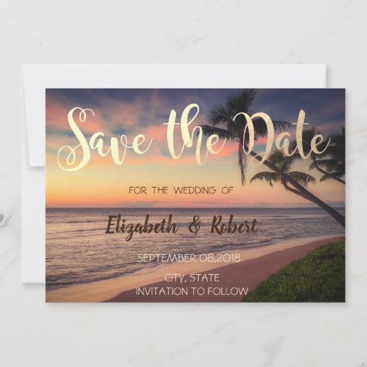 Zonsondergang Strand Huwelijk, Palmen Bewaar de D Save The Date (Voorkant)