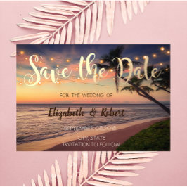 Zonsondergang Strand Huwelijk, Palmen, Lichtjes  R Save The Date