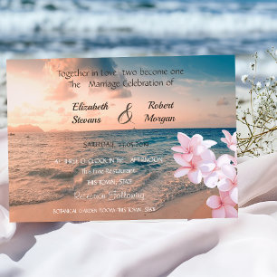 Zonsondergang Strand Huwelijk , Plumeria Uitnodigi Kaart