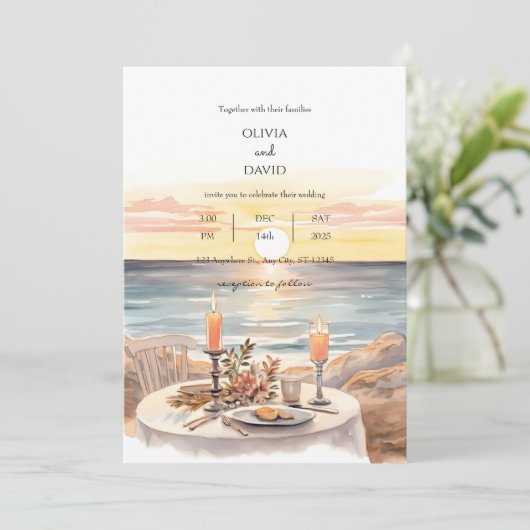 Zonsondergang Strand Kaarslicht Diner Landschap Br Kaart (Staand voorkant)