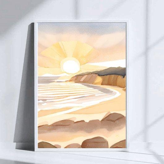 Zonsondergang Strand | Oceaan Aquarel Kust Poster