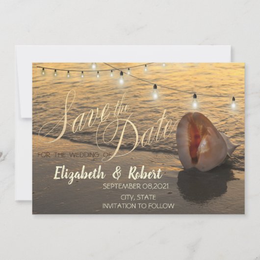 Zonsondergang Strand Schelp Slinger Licht Bewaar Save The Date (Voorkant)