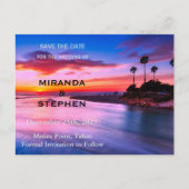 Zonsondergang strand sparen de datum aankondigingskaart (Voorkant)