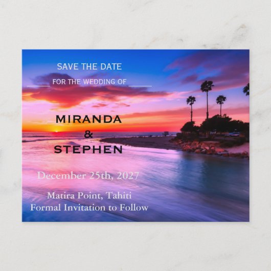Zonsondergang strand sparen de datum aankondigingskaart (Voorkant)