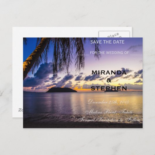 Zonsondergang strand sparen de datum aankondigingskaart (Voorkant / Achterkant)