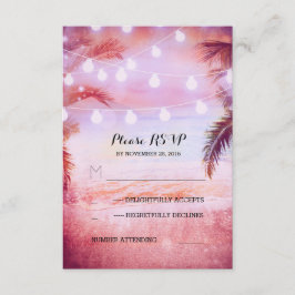 zonsondergang strand twinkle lichten paarse bruilo RSVP kaartje