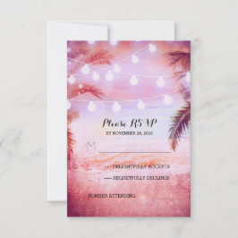 zonsondergang strand twinkle lichten paarse bruilo RSVP kaartje