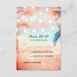 zonsondergang strand twinkle lichten roze bruiloft RSVP kaartje