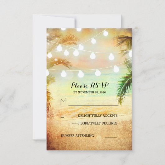 zonsondergang strand twinkle lichten tropische bru RSVP kaartje (Voorkant)