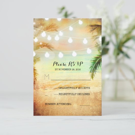 zonsondergang strand twinkle lichten tropische bru RSVP kaartje (Staand voorkant)