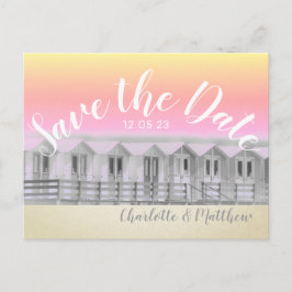 Zonsondergang strandhut zeezijde ansichtkaart bewa aankondigingskaart