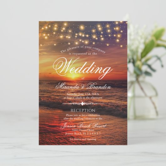 Zonsondergang Strandlichten Zomer Bruiloft & Recep Kaart (Staand voorkant)