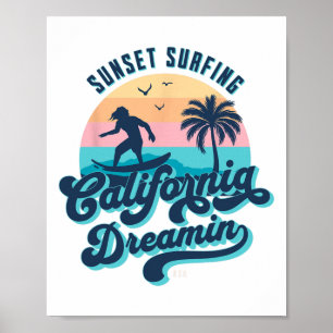 Zonsondergang Surfen Californië Droom Usa Surfer Poster