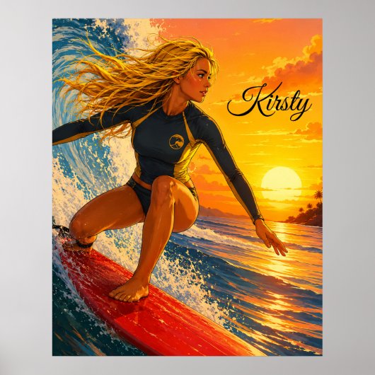 Zonsondergang Surfer Girl met surfplank, Zon, Zand Poster (Voorkant)