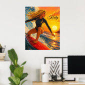 Zonsondergang Surfer Girl met surfplank, Zon, Zand Poster (Thuiskantoor)