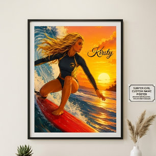 Zonsondergang Surfer Girl met surfplank, Zon, Zand Poster