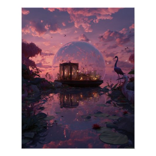 Zonsondergang Tempelreflecties in Droom Bubbel Perfect Poster (Voorkant)