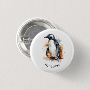Zonsondergang Tinten Waterverf Pinguïn, op maat Ronde Button 3,2 Cm