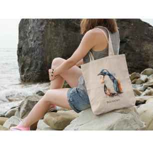 Zonsondergang Tinten Waterverf Pinguïn, op maat Tote Bag