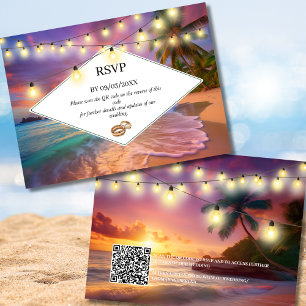 Zonsondergang Tropisch Strand QR Code RSVP Bruilof Notitiekaartje