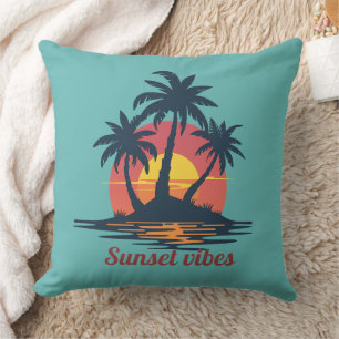 Zonsondergang Tropische Palmbomen Strand Zee-Blauw Kussen