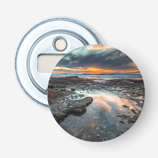 Zonsondergang vanuit de getijdenpoelen button flesopener (Voorkant)
