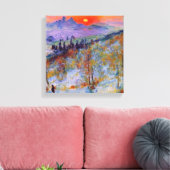 Zonsondergang voorbij besneeuwde berg canvas afdruk (Insitu (Woonkamer))