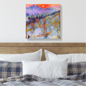 Zonsondergang voorbij besneeuwde berg canvas afdruk (Insitu (Slaapkamer))