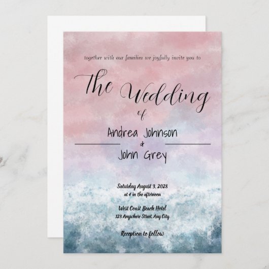 Zonsondergang Waterverf Ocean Blue bruiloft uitnod Kaart (Voorkant / Achterkant)