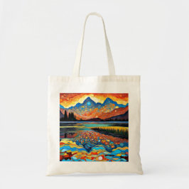 Zonsondergang weerspiegelt zich in het meer tote bag