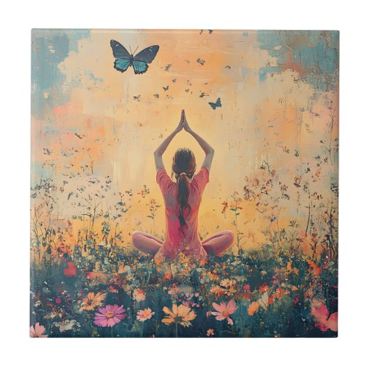 Zonsondergang Weide Meditatie met Vlinders (1) Tegeltje (Voorkant)