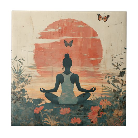 Zonsondergang Weide Meditatie met Vlinders (5) Tegeltje (Voorkant)
