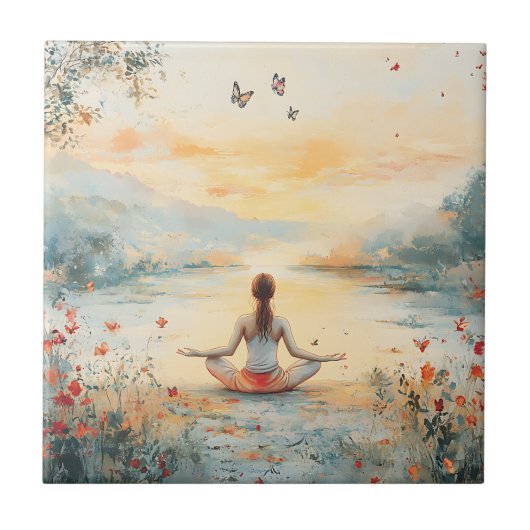 Zonsondergang Weide Meditatie met Vlinders (6) Tegeltje (Voorkant)