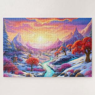 Zonsondergang Winter Sneeuw Natuur Kleurrijke Prin Legpuzzel