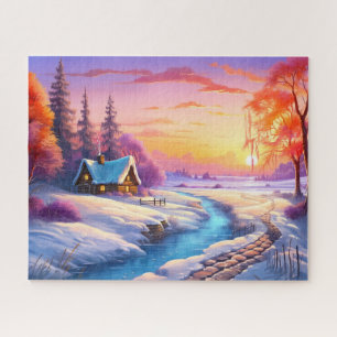 Zonsondergang Winter Sneeuw Natuur Kleurrijke Prin Legpuzzel