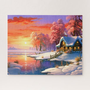 Zonsondergang Winter Sneeuw Natuur Kleurrijke Prin Legpuzzel