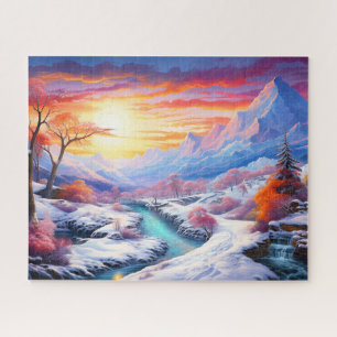 Zonsondergang Wintersneeuw Natuur Kleurrijke Print Legpuzzel