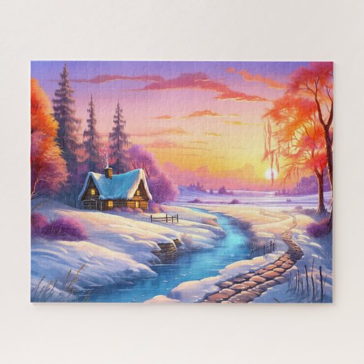 Zonsondergang Wintersneeuw Natuur Kleurrijke Print Legpuzzel (Horizontaal)