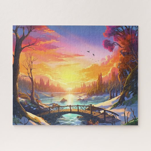 Zonsondergang Wintersneeuw Natuur Kleurrijke Print Legpuzzel (Horizontaal)