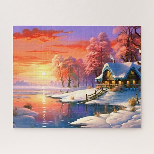 Zonsondergang Wintersneeuw Natuur Kleurrijke Print Legpuzzel (Horizontaal)