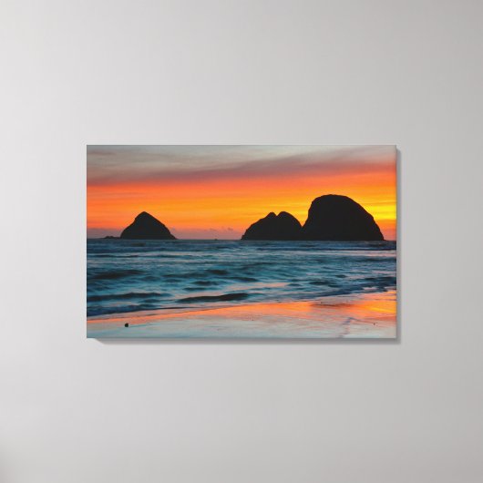 Zonsondergang, Zee Stapel, Oceanside, Oregon, USA Canvas Afdruk (Voorkant)