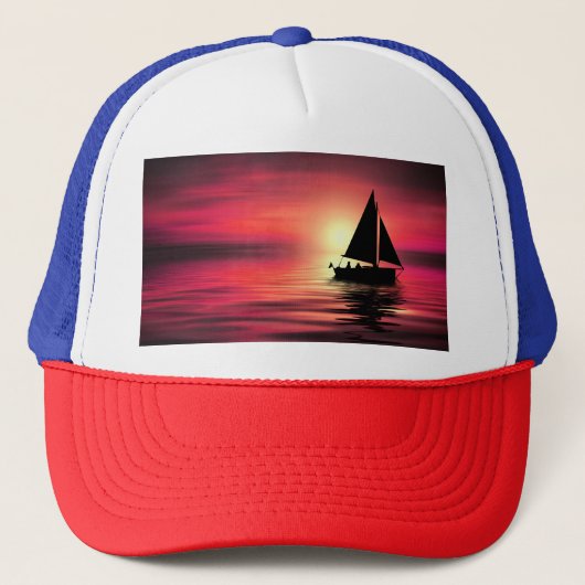 Zonsondergang, Zee, Zeilboot Trucker Pet (Voorkant)