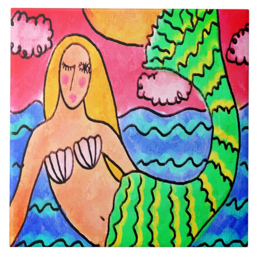 Zonsondergang Zeemeermin Abstract Digitaal Schilde Tegeltje (Voorkant)