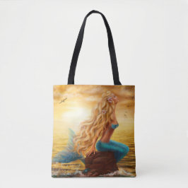 Zonsondergang zeemeerminschilderij tote bag