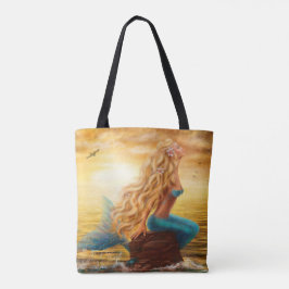 Zonsondergang zeemeerminschilderij tote bag
