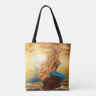 Zonsondergang zeemeerminschilderij tote bag