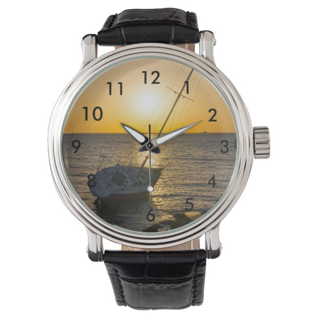 Zonsondergang Zeilboot Scheepswrak Golf Breeze Pol Horloge (Voorkant)