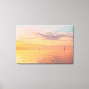 Zonsondergang Zeilboten Kalme Oceaan Horizon Gloed Canvas Afdruk