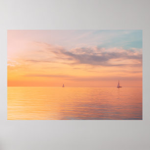 Zonsondergang Zeilboten Kalme Oceaan Horizon Gloed Poster